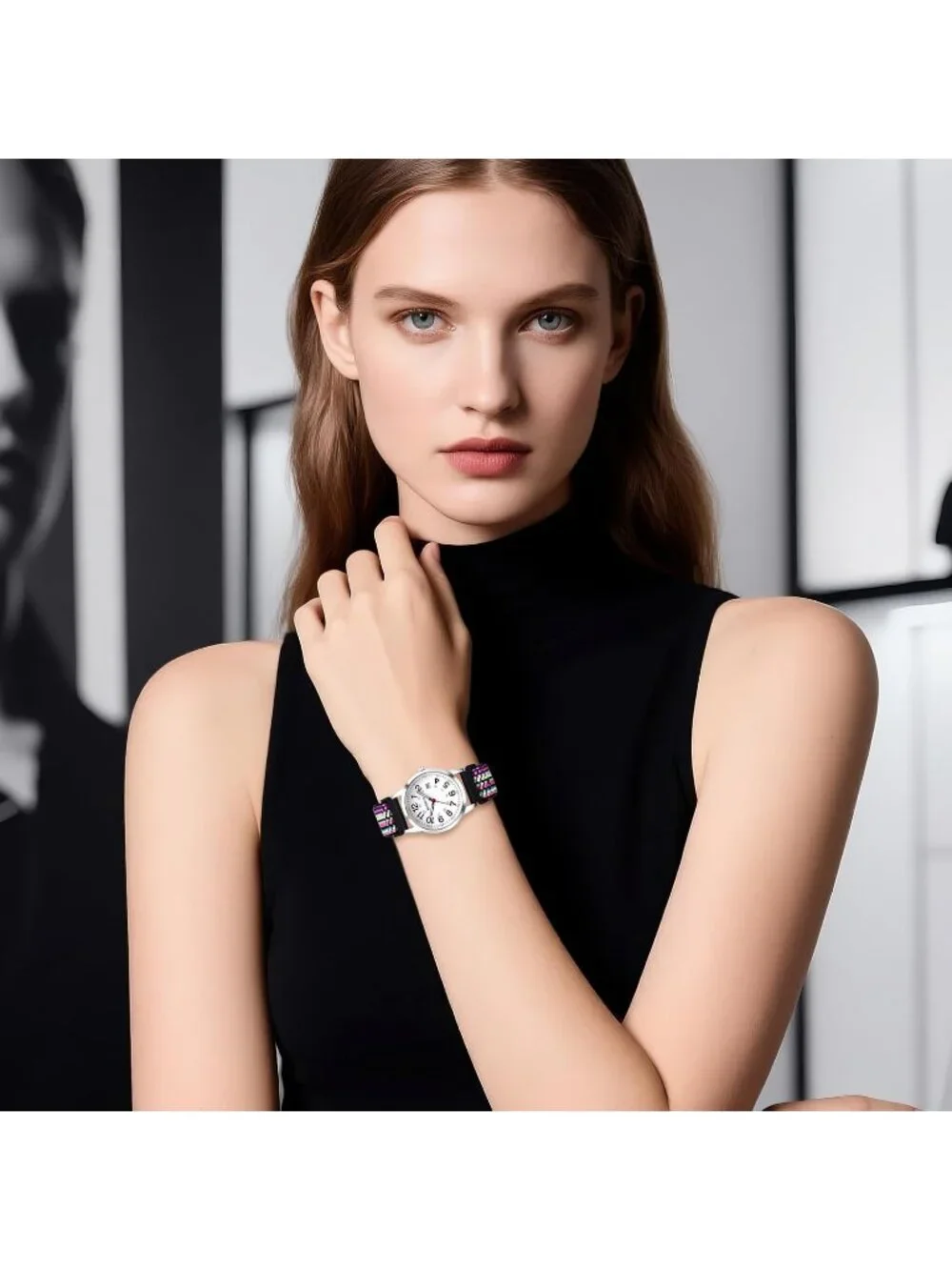 Women's White Purple Quartz Analog Nylon Strap Elastic Band Date Wrist Watch